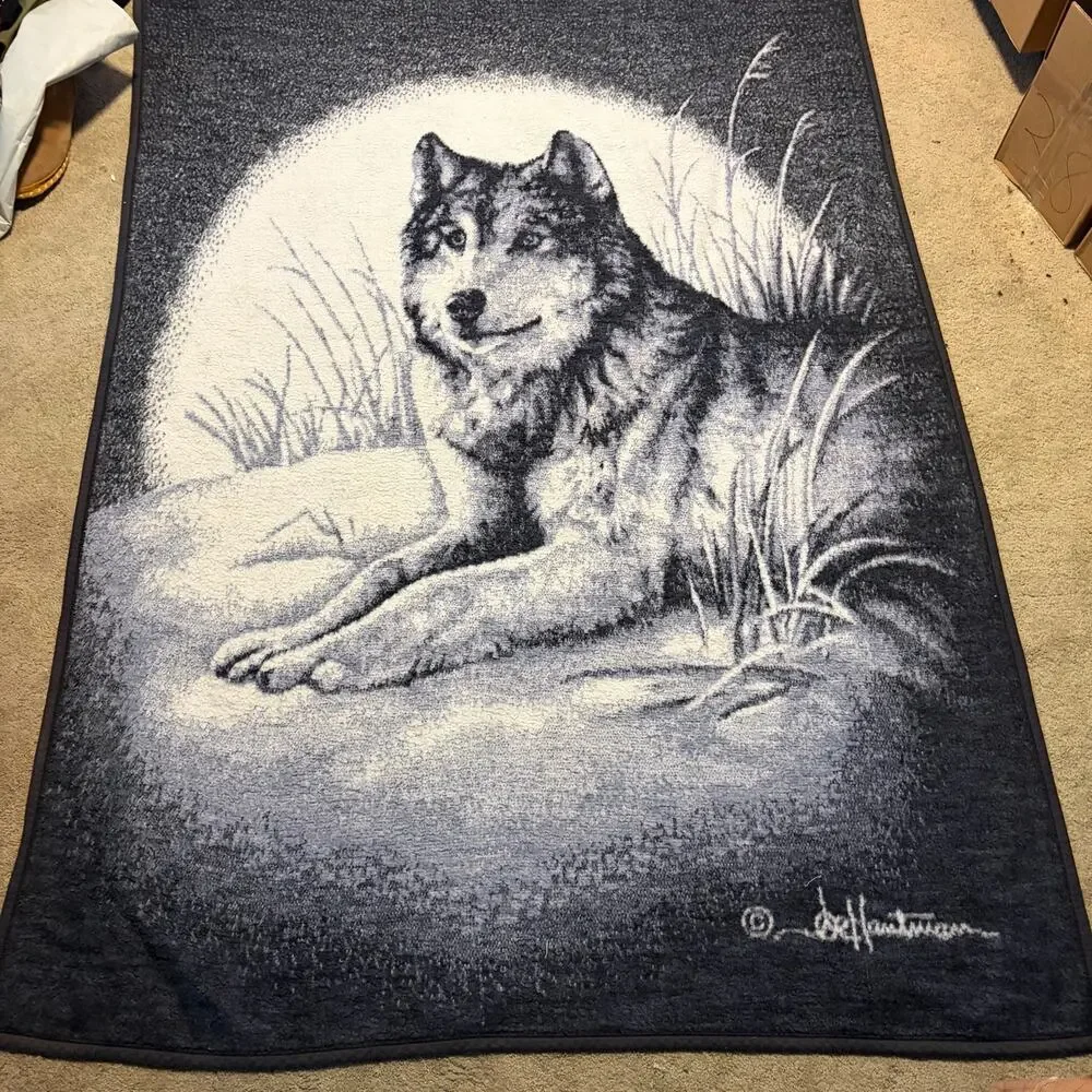 Vintage Biederlack Reversible Throw Blanket Wolf Moon Snow Acrylic USA 54x74